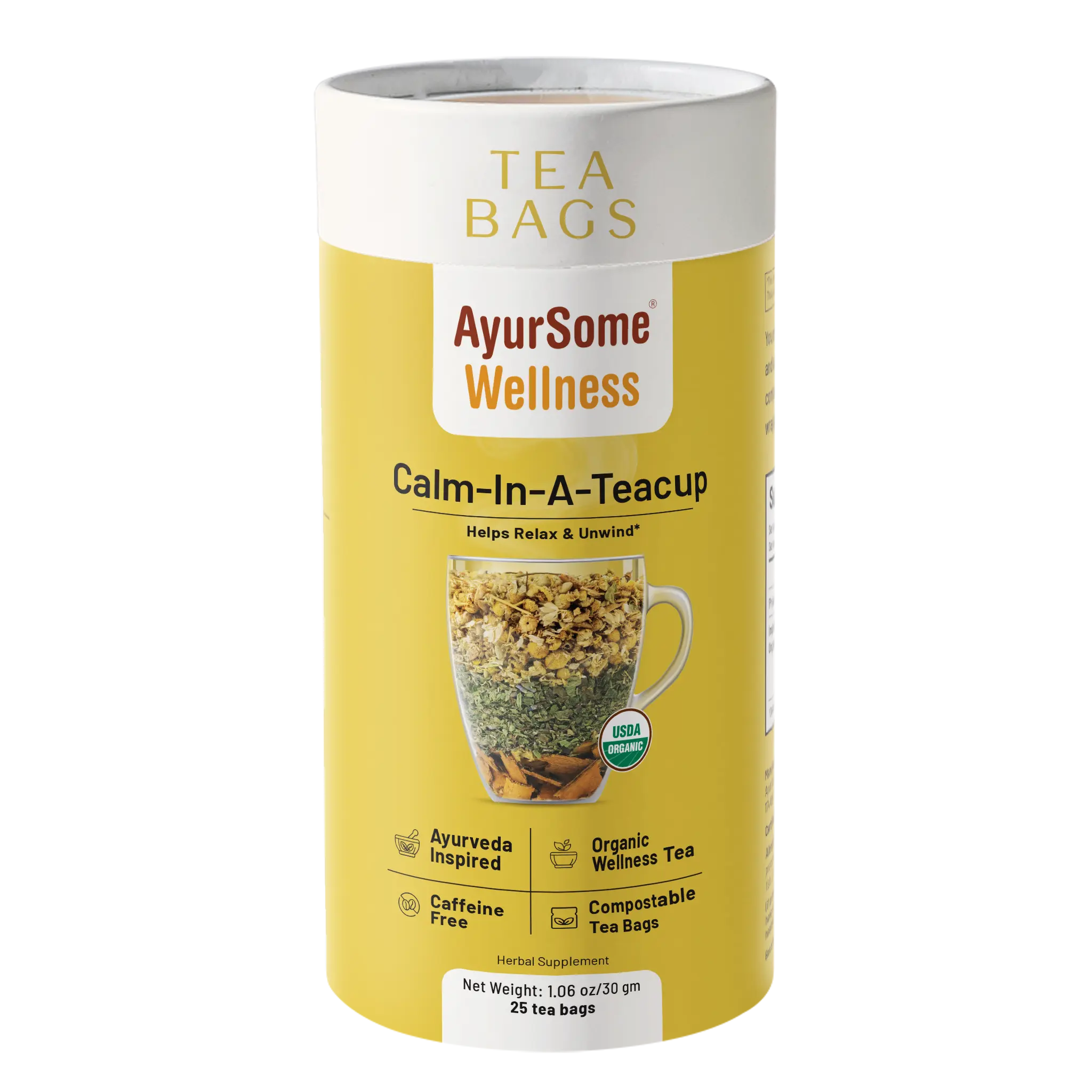 Organic Chamomile Tea blend, Helps Relax & Unwind*, AyurSome Wellness Calm-In-A-Teacup, Herbal Caffeine free, 25 Compostable Tea bags