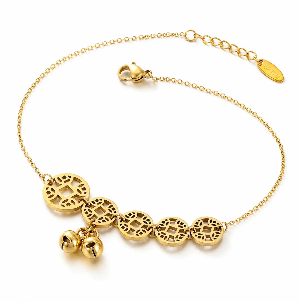 Stainless Steel Coin Anklet for Women, Adjustable Gold Boho Ankle Bracelet with Bell Charm, Summer Beach Jewelry, Anklets For Women, Lightweight, Female, Daily, Adjustable Extender Chain, Coin Charms, Gold Tone, Parties, No Warning Applicable