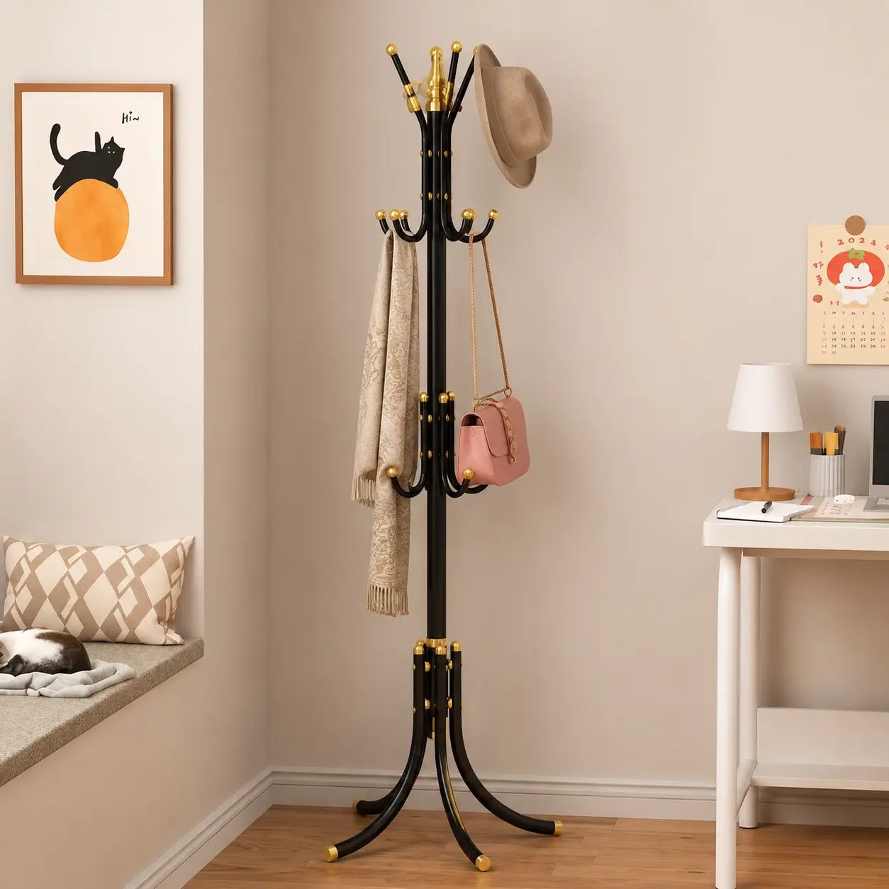 Heavy Duty Freestanding Coat Rack Organiser - 12 Hooks Metal Garment Rack, Space-Saving Entryway Hanger Stand for Coats, Jackets, Hats, Bags, Scarves, Large Multifunctional Organizer for Bedroom & Living Room clothes