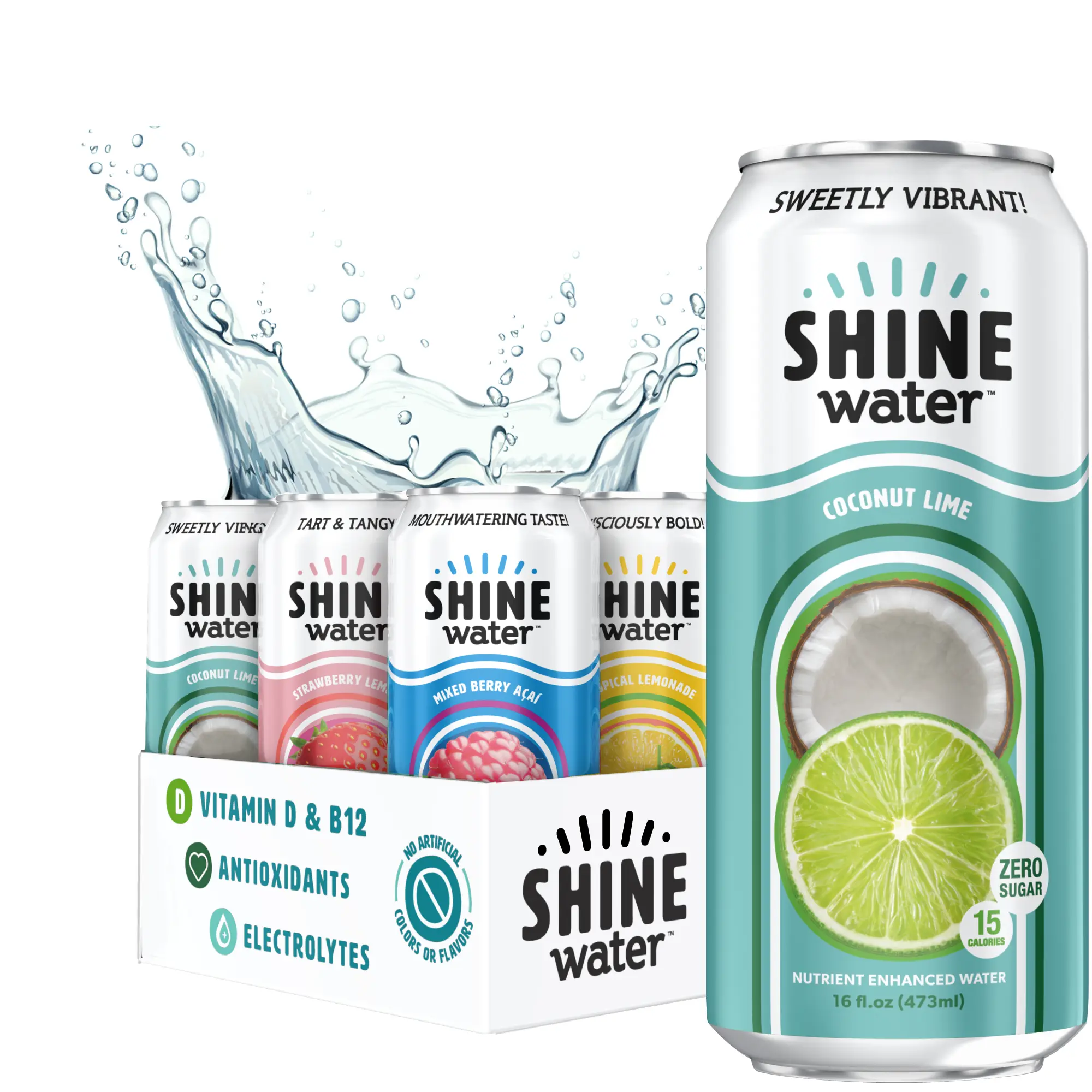 ShineWater Variety Pack - 4-Pack, 16 fl oz Natural, Sugar-Free, Gluten-Free Vitamin D Electrolyte Fitness Drink with Minerals, Coconut Lime Flavor, Sports & Energy Beverage