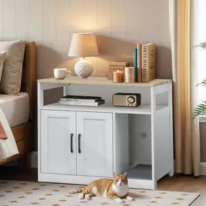 Hidden cat litter box cabinet with open compartments, cat litter box fence with a shelf, hidden cat litter box furniture, sturdy cat washroom storage, indoor cat house furniture, suitable for indoor use by cat owners, the perfect gift for cat lovers