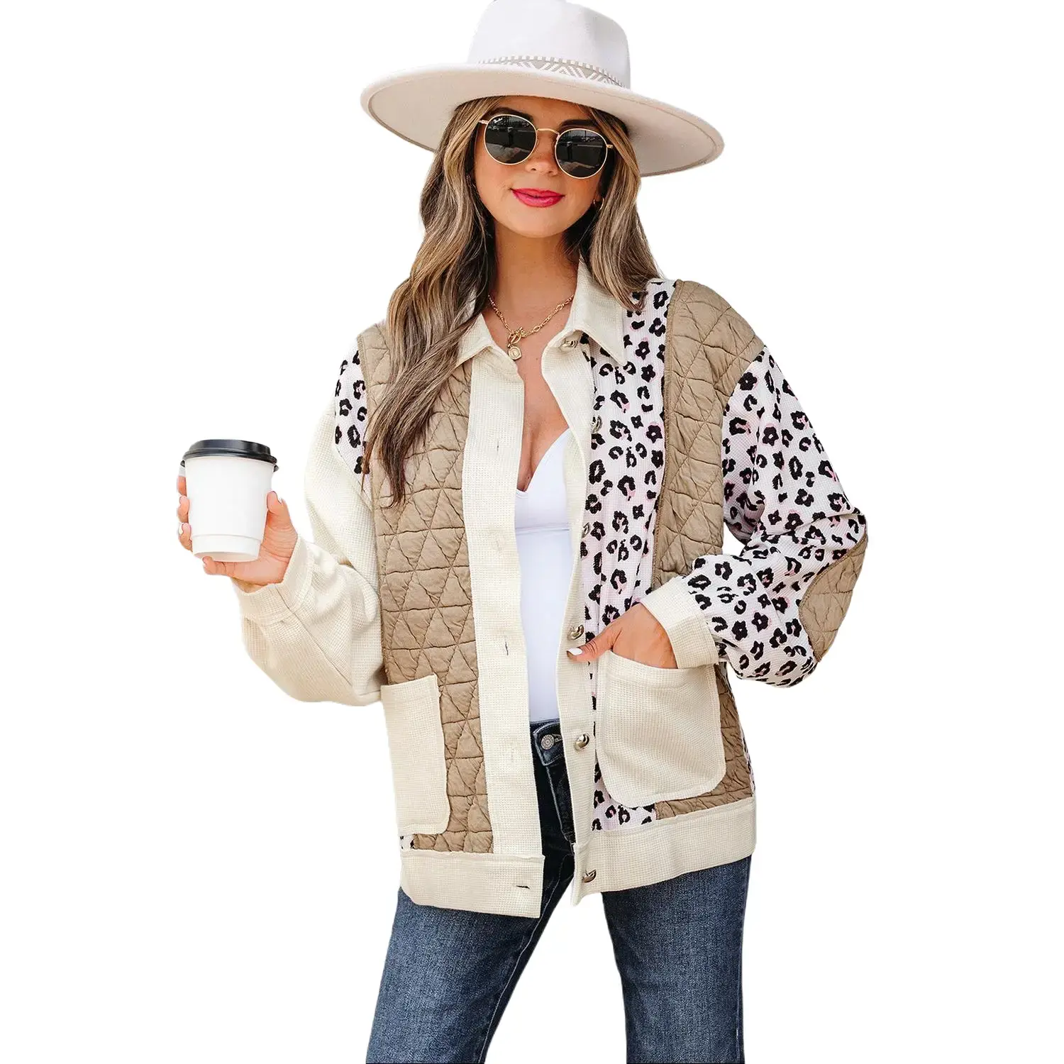 Khaki Leopard Waffle Quilted Patchwork Button Front Jacket