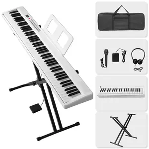 88-Key Semi-Weighted Folding Piano with Dual-Tube X-Shape Stand, MIDI, Bluetooth, Handbag & Headphone for Piano Lovers (White)
