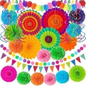 33Pcs Fiesta & Cinco De Mayo Decorations - Multi-Color Paper Fans Garlands Pennant Pom Poms Hanging Swirls for Birthday Wedding Rainbow Mexican Party