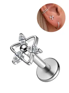 1pc F136 Titanium 16G Threaded Crystal Tops studs Paper Fan Design for Conch,Tragus,Helix,Lobe With 6/8mm Lengths Post Flatback Piercing earring nose Jewelry Silver