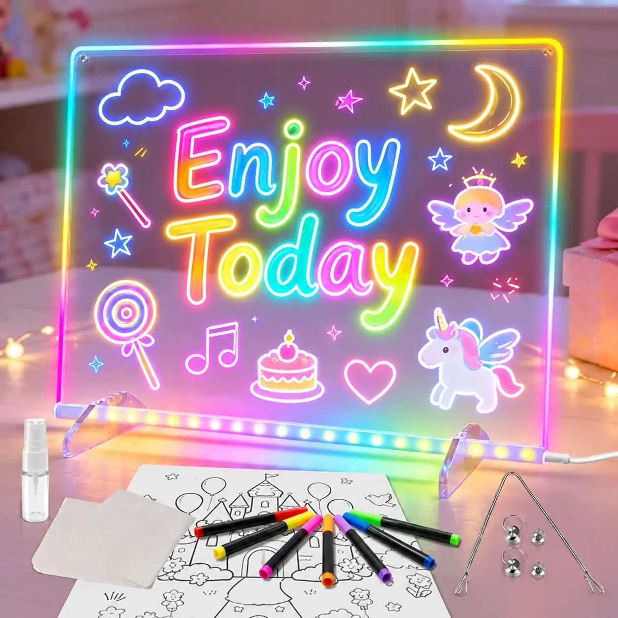 LED Note Board with Colors, 13.7"X10" 4 Modes & 7 Colors Acrylic Dry Erase Boards with Light, Led Drawing Board for Kids with Stand,Birthday Holiday Day Gifts for Girls & Boys Age 3+