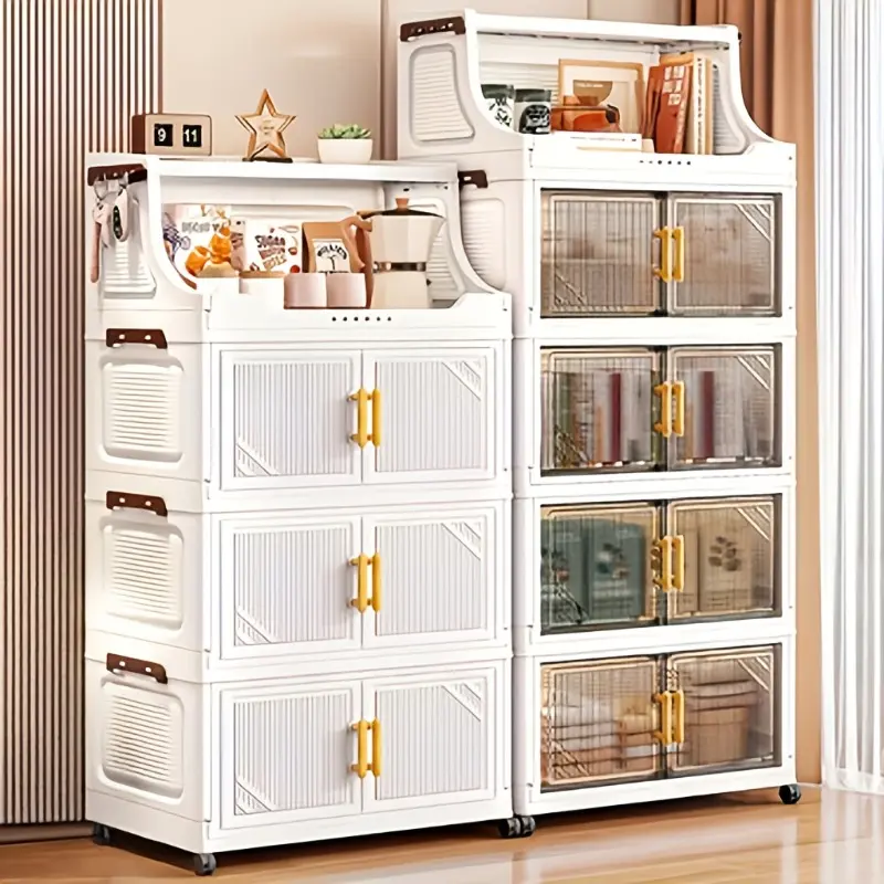 2/3/4-Tier Heavy-Duty Multi-Functional Folding Storage Cabinet, Organizer Cabinet, Freestanding Storage Cabinet - With open shelves, large capacity, suitable for organizing and storing in home, kitchen, office, dormitories, durable double-door cabinet