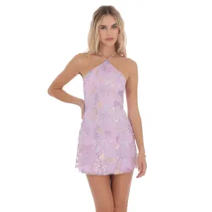 Floral Sequin Halter Dress in Lavender