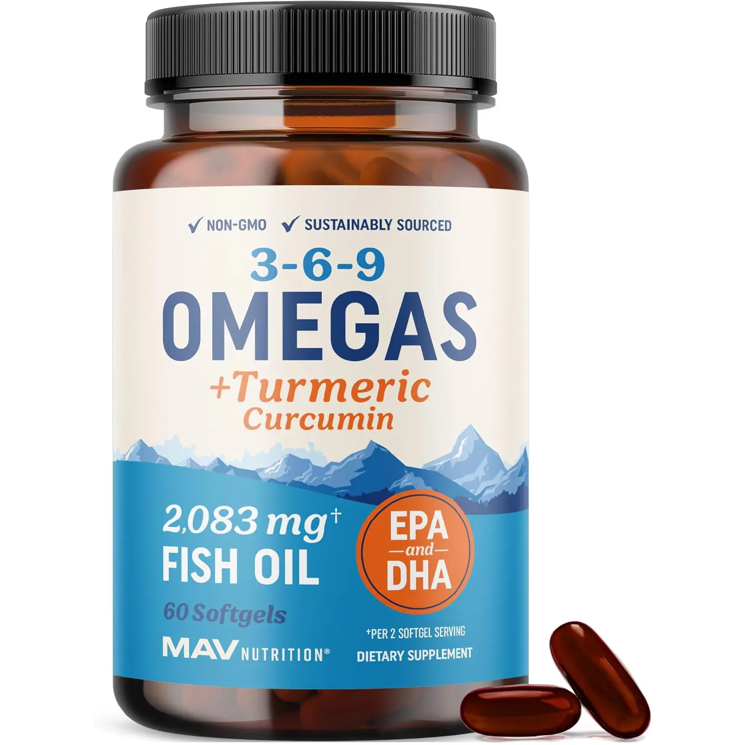 Omega 3 6 9 with Turmeric Curcumin Fish Oil Supplement EPA DHA Triple Omega for Heart Brain and Mobility Support Non GMO 60 Softgels