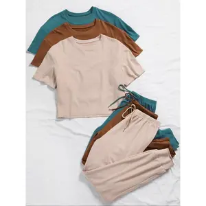 Women's Solid Pants Set, Casual Chic Short Sleeve Crop Top & Tie Front High Waist Pants, Knitted Co Ord Set, Summer Clothes for Daily Wear, Downtown Girl Clothes