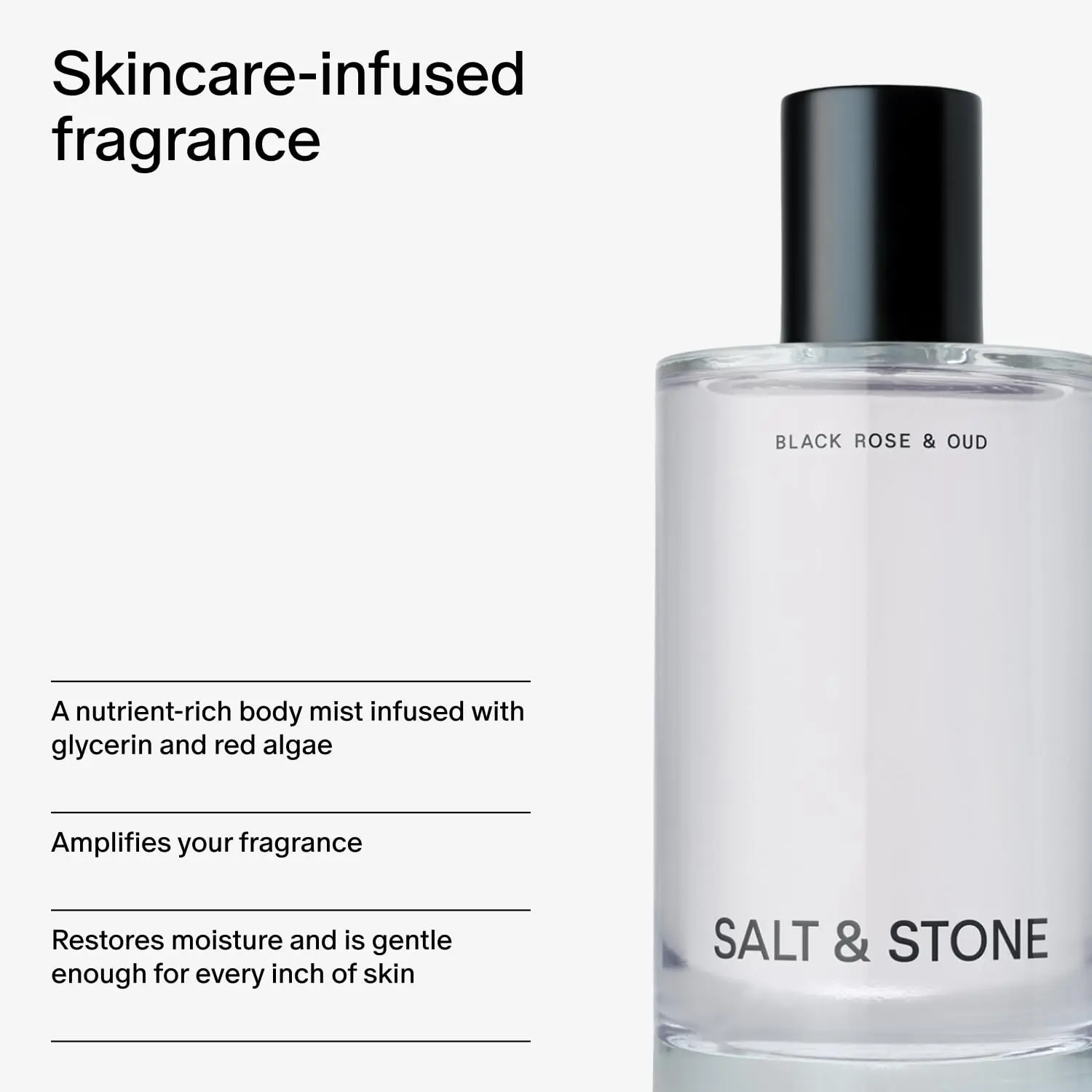 Salt & Stone Body Mist | Black Rose & Oud | Skincare Infused Hair & Body Spray for Women and Men | Hydrating Fragrance with Glycerin and Red Algae | Vegan, Cruelty Free, 3.4 fl oz