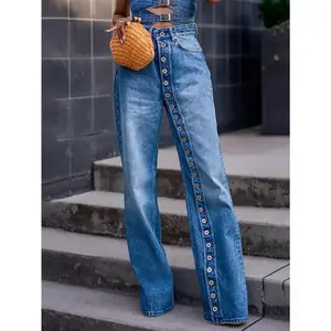 Women's Vintage Button Front High Waist Straight Leg Jeans / With Pockets & Medium Wash Antique Brass Button-Fly | Classic Yet Chic Denim For Casual Work & Weekend Womenswear Bottom