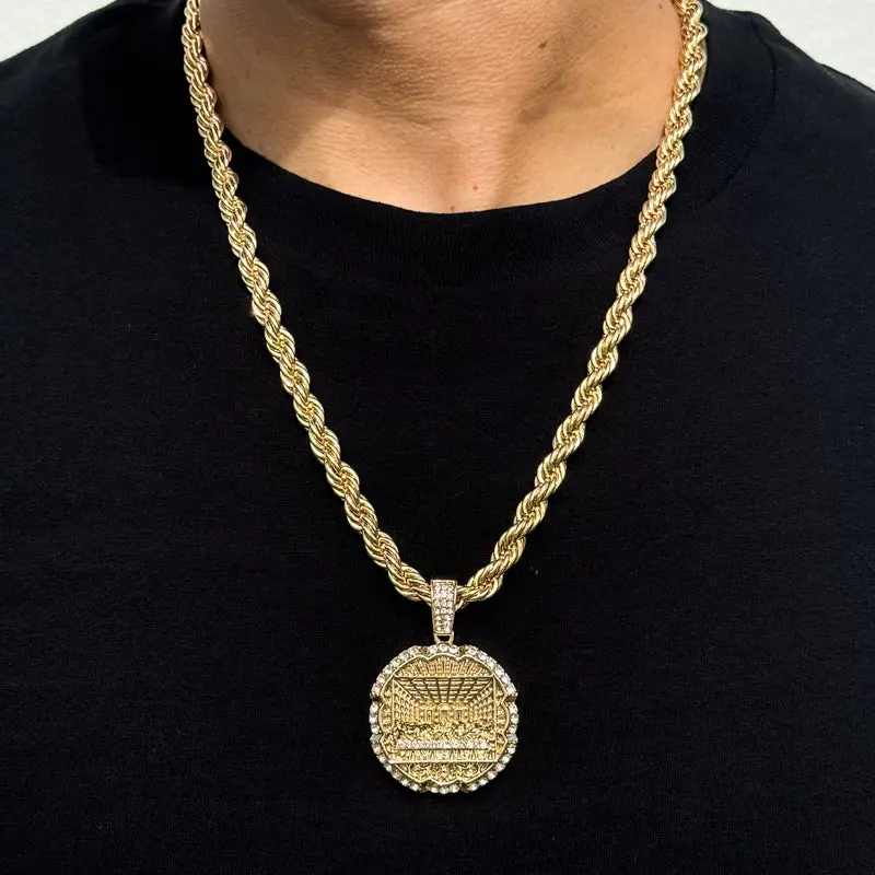 MaxBling81 Men's Religious Medal Pendant Necklace - Men's Jewelry, Unisex Exquisite Gift, Large Iced Cubic Zirconia Jesus Last Supper Design, 8mm Thick Rope Chain, 24in Daily Wear Necklace, Exquisite Jewelry Gift, Chains, Emblem Necklaces