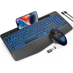 Keyboard and  Backlits, Wrist Rest, LED , Rechargeable  Keyboard with Phone Holder, Silent Light Up Combo for Computer, , PC, Laptop, Chromebook (Black Large Print)