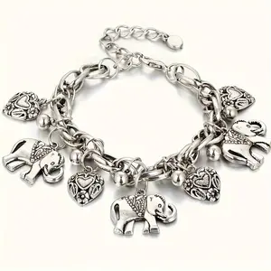 1Pc Fashion Vintage Carved Elephant Bracelet, Peach Heart Charm Bracelet Hand.