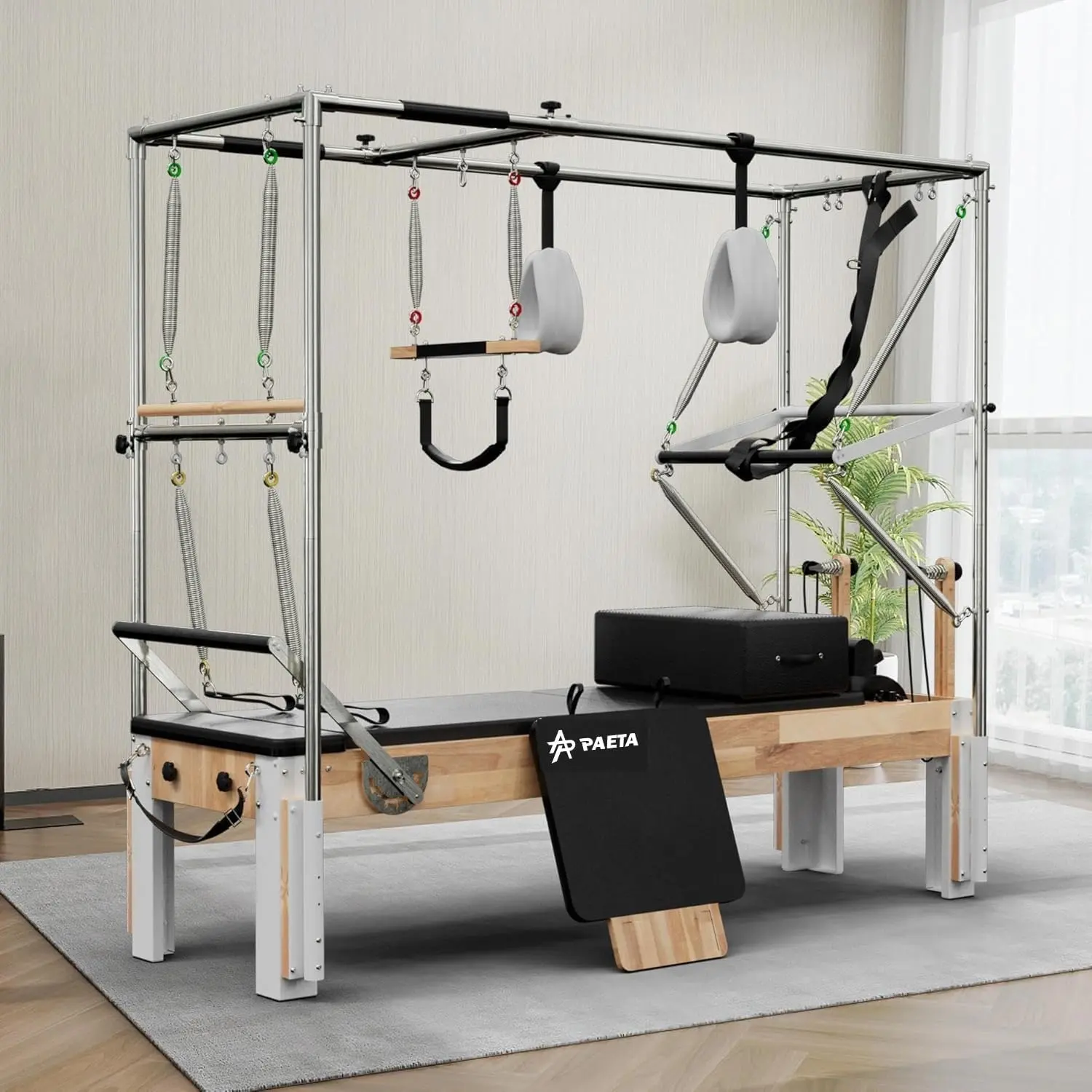 HRS Pilates Reformer, Wooden Reformer Pilates Machine with Cadillac Trapeze Table, Pilates Equipment for Home Workout and Studio, Includes Sitting Box, Jumpboard