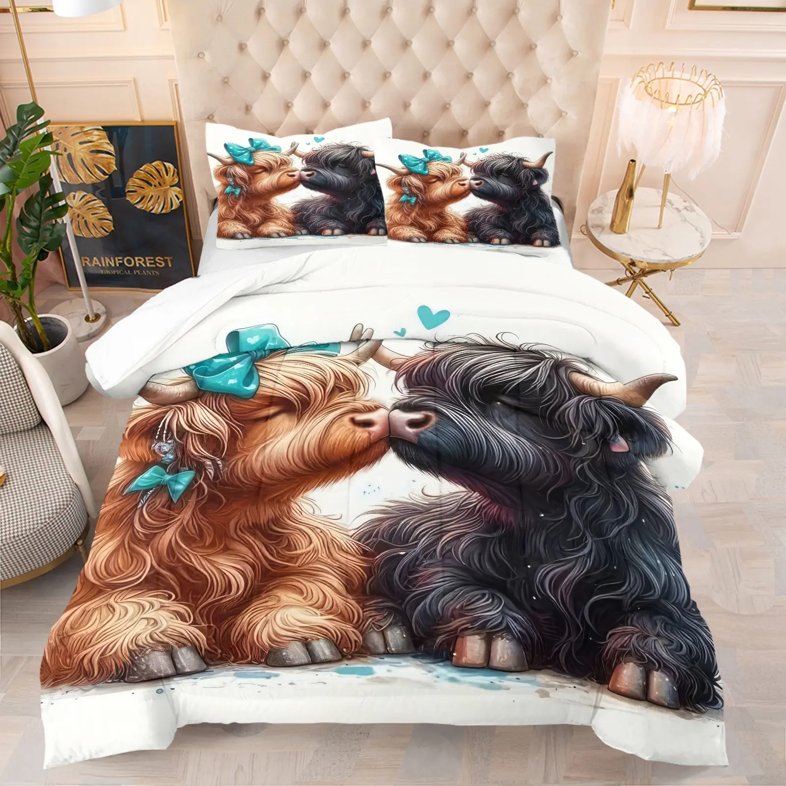 2/3 Piece Set of Highland Cow Pattern Printed Comforter Set, Kissing Yak Cute and Adorable, High-End and Atmospheric Suitable for Bedroom Decoration, Room Layout Theme Bedding Set, 1 Quilt and 1/2 Pillowcase, Quilt Bedspread Set