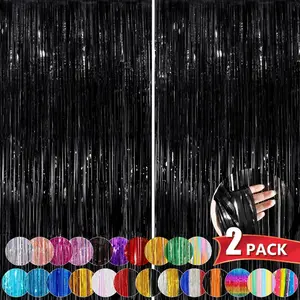 Black Metallic Tinsel Foil Fringe Curtains 2 Pack 3.3x8.3 Feet Party Streamer Curtains for Birthday Party Decorations Halloween Decor Foil Curtain Backdrop for Bachelorette Party