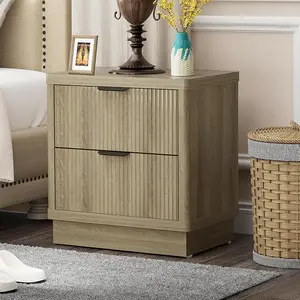 Tall Nightstand, Farmhouse End Table with 2 Deep Drawers Bed Side Table, Large Chest of Drawers Fluted Design for Living Room Bedroom Storage, Oak Set of 2