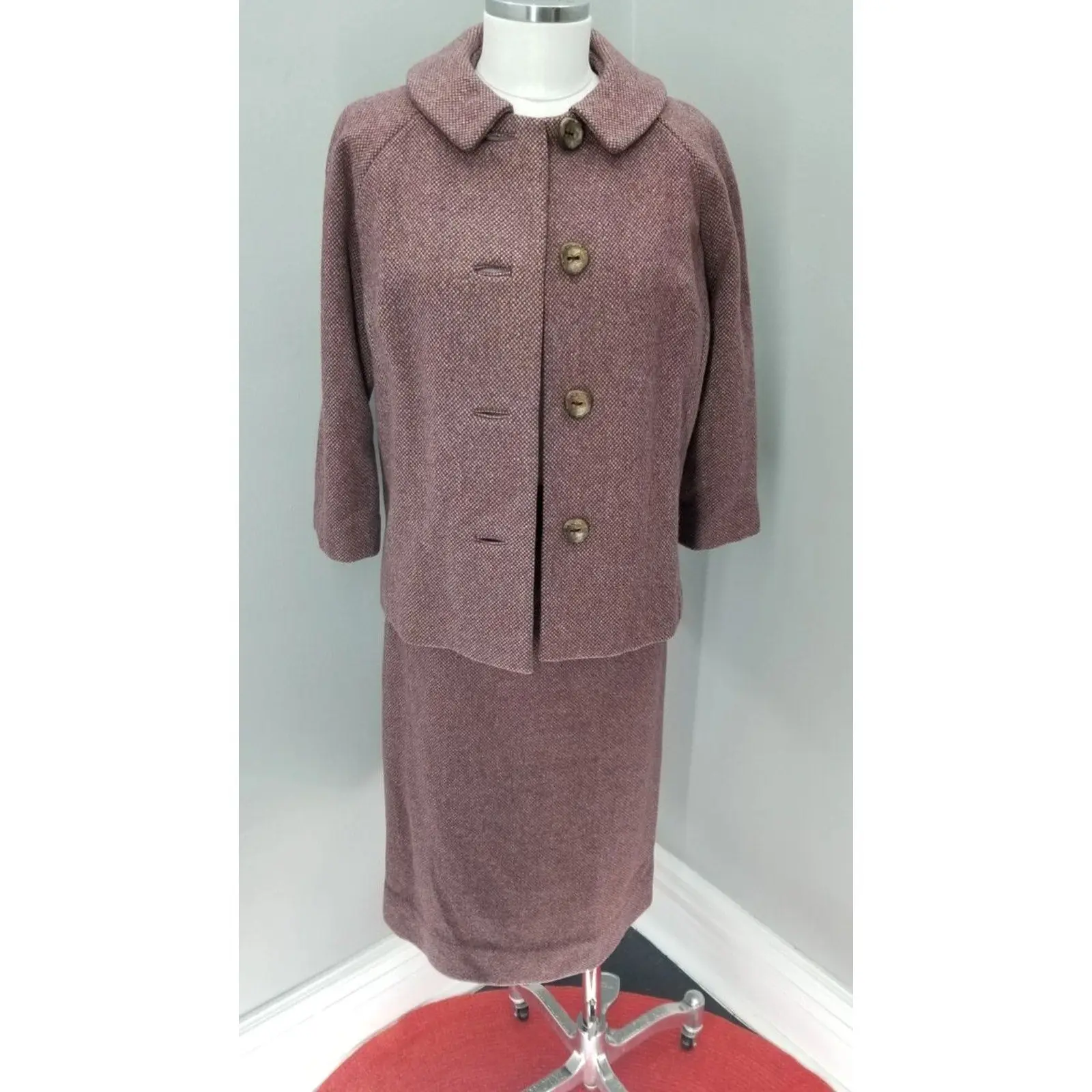 60s Vintage Burgundy Wool Blend Tailored Power Suit, Jacket & Skirt - XS