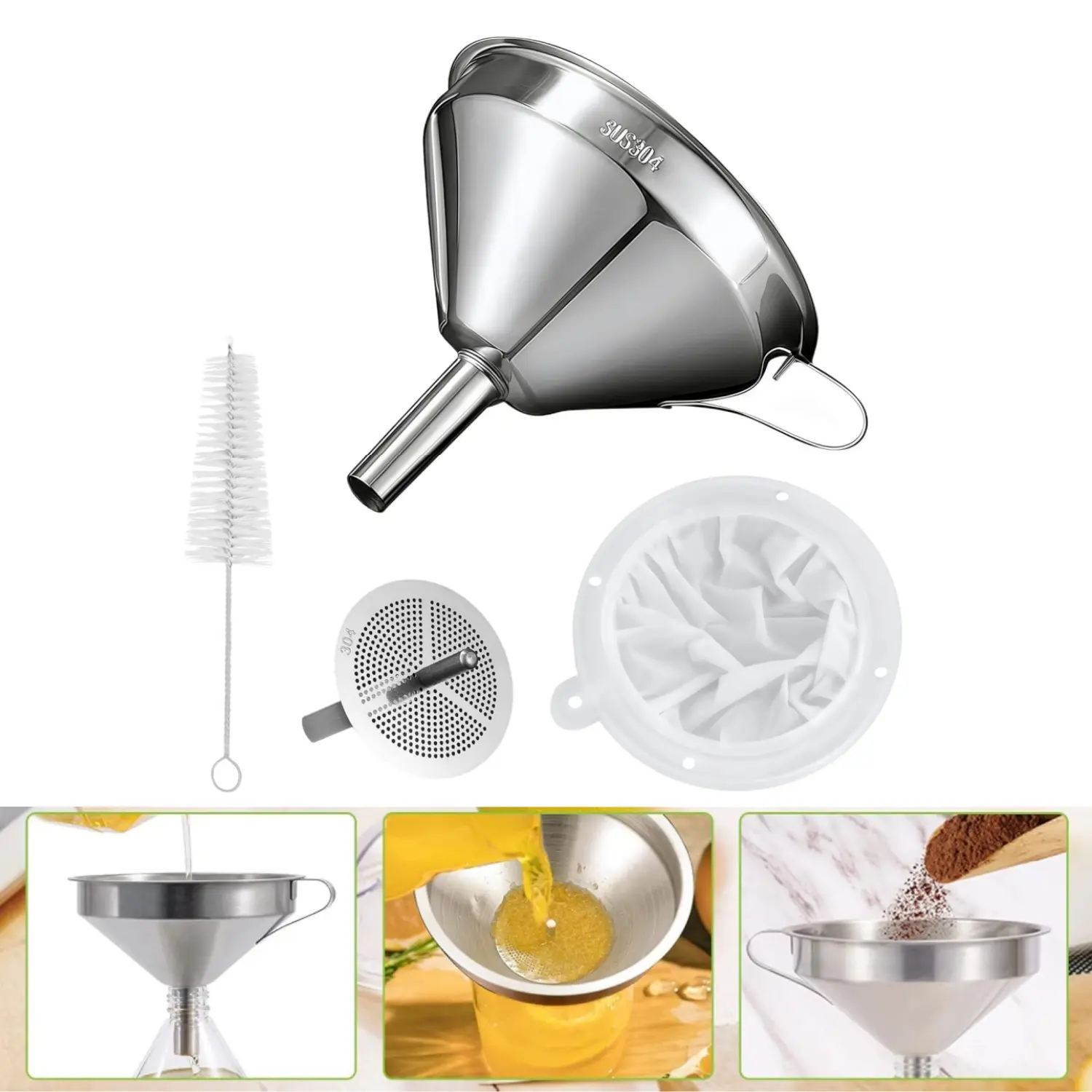 Stainless Steel Funnels Set with 200 Mesh Fine Strainer, Oil Juice Liquid Food Filter Utensils, for Canning Bottling - Sturdy Home Essential (Home Improvement Kitchen Fixtures Accessory)