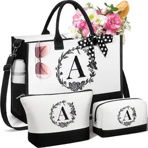 Personalized Monogram Canvas Tote & Makeup Bag Set – Zippered Gift for Mom, Wife, or Friend