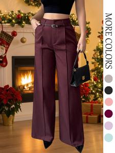 women's solid wide leg pants with belt, casual comfy pocket trousers for daily wear, ladies bottoms for all seasons, womenswear