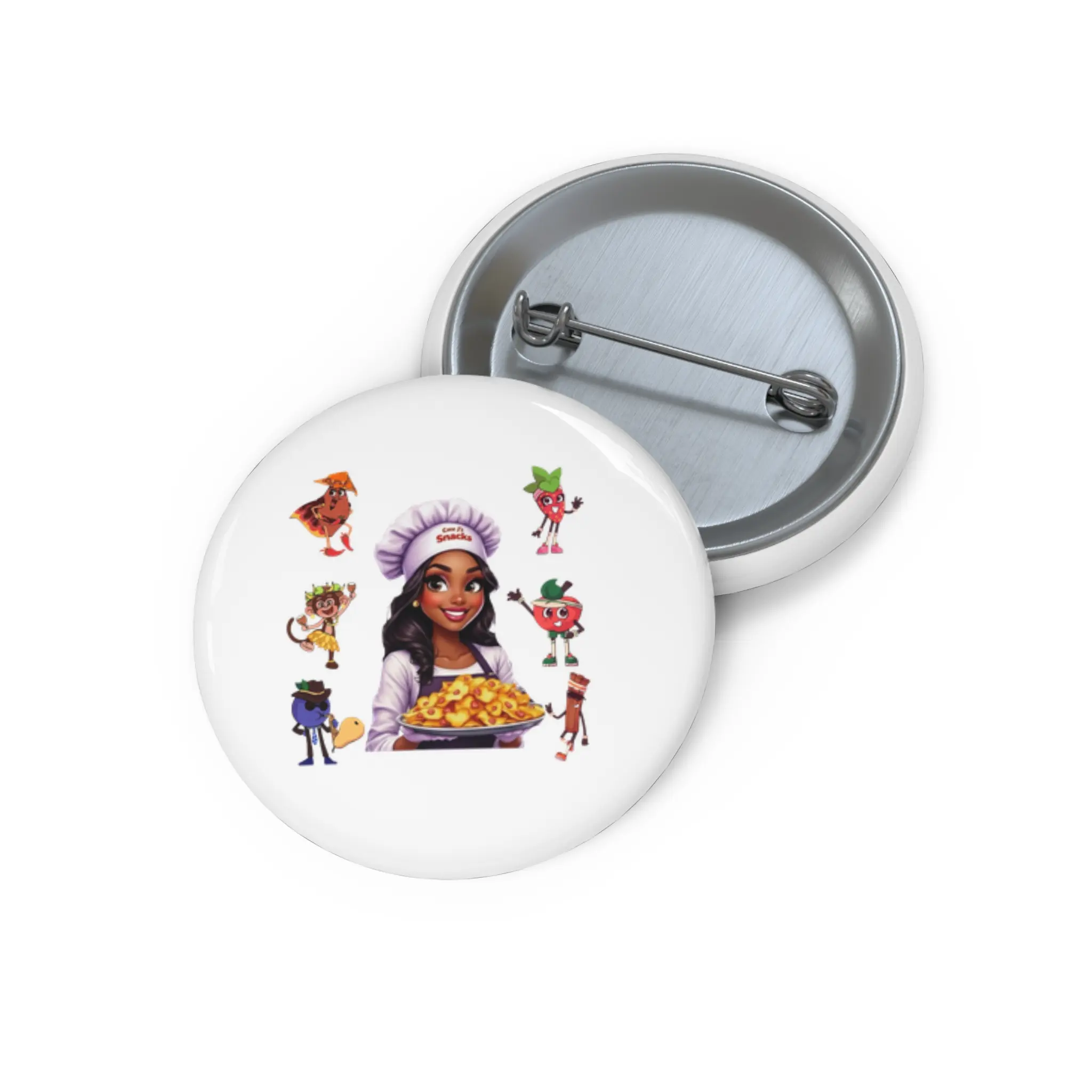 CeCe J's Snacks Mascot Metal Pinback Badges - Multi-Size Unisex Classic Safety Pin, Glossy Pin Buttons, Crisp Graphic Print Identification Accessories for Office Stationery, Everyday & Daily Use, Small, Modern