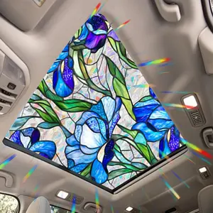 Blue Iris  Sunroof Film Floral Rainbow Effect Static Clings Window  Film Sun Protection Stained Glass  for  Moonroof & Side Windows, 17.72 x 35.43 Inch