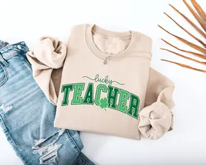 Lucky Teacher Adult Sweatshirt - St Patrick's Day Varsity Lettering & Shamrock Design for Teachers School Spirit Days - Hello Handpressed