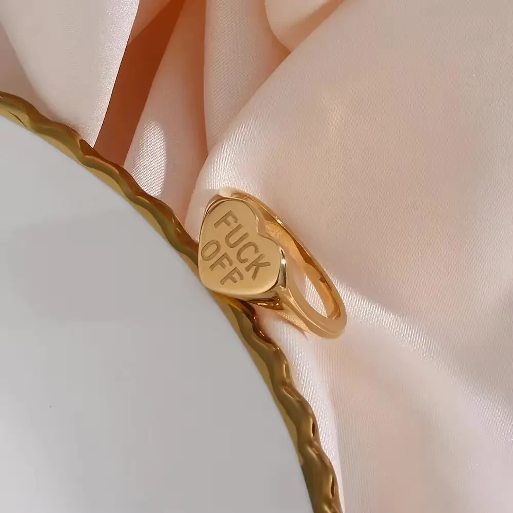 Gold Heart Fuck Off Signet Ring | 18k Gold Engraved Ring | Gold Minimalist Ring | Gift for Recovery, Breakup, Birthday, Divorce