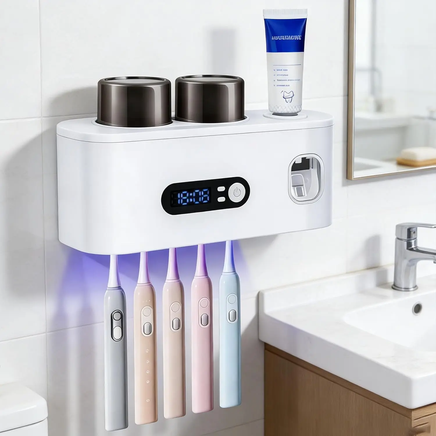Toothbrush Sterilizer Holders,Drying and Wall Mounted Holder with Toothpaste Dispenser, 5 Brush Slots 2 Cups for (White)