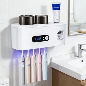 Toothbrush Sterilizer Holders,Drying and Wall Mounted Holder with Toothpaste Dispenser, 5 Brush Slots 2 Cups for (White)