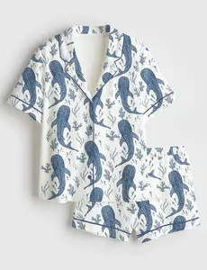 Women’s Whale Shark Beachy Long Sleeve Satin Pajama Set, Pajama Gifts for Her, Shorts & Pants | Custom Gift for Her | Bridesmaid Pajamas | Custom Jersey PJS