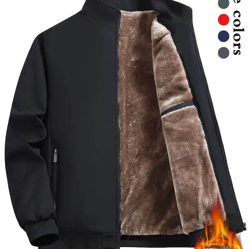 Men's Solid Color Plain Zip Up Thick Thermal Lined Fleece Jacket, Coats, Regular Fit Casual Long Sleeve Zip Front Short Outerwear for Fall & Winter, Men's Clothes for Daily Wear, Cold Weather Gear