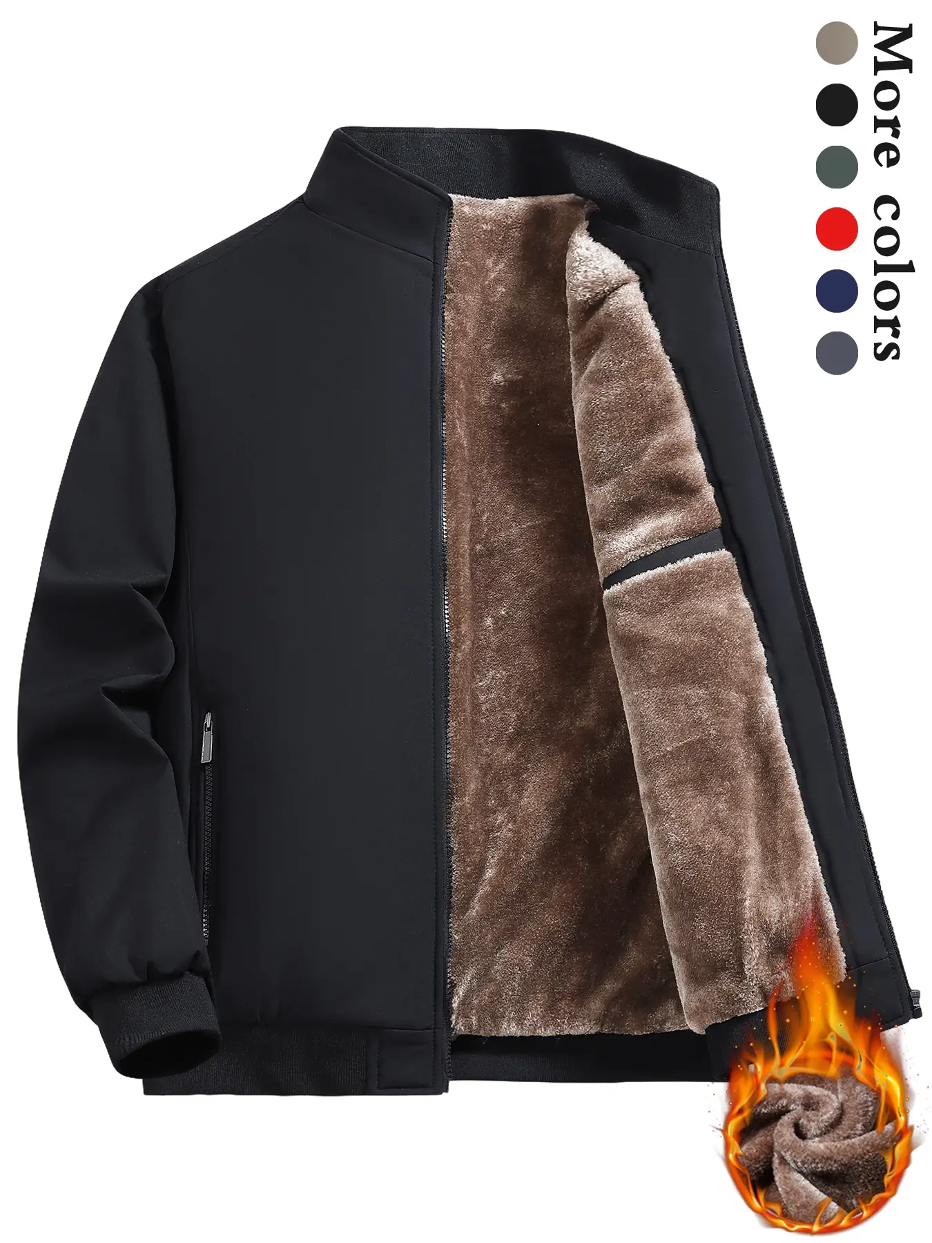 Men's Solid Color Zip Up Thermal Lined Fleece Jacket, Regular Fit Casual Long Sleeve Zip Front Outerwear for Fall & Winter, Men's Clothes for Daily We