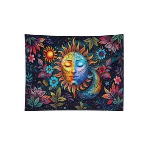 Psychedelic Tapestry Featuring The Sun And Moon, Adorned with Botanical And Floral Designs. This Vintage Aesthetic Wall Hanging Is Perfect for a Bohemian Or Hippie-Themed Bedroom Or Living Room