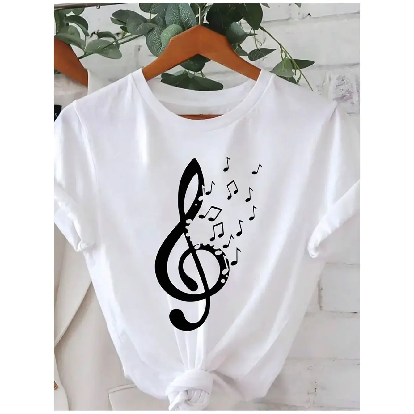 Musical Note Graphic Print T-Shirt for Women, Soft Fitted Round Neck Top for Everyday Comfort, S, Shortsleeve, Casual, Tshirt