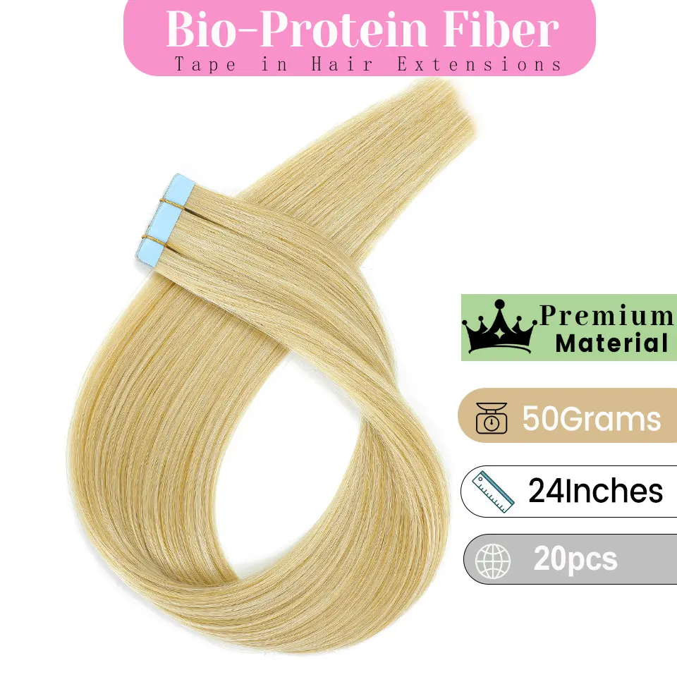 613 Blonde Seamless PU Skin Weft Synthetic Hair Extensions - 10pcs, 24in, 25g 24 inch bundles, Heat-Resistant Straight No-Tape-In Extensions, 24 Inch Extensions