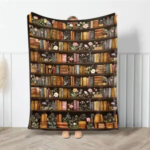 Vintage Bookshelf Library Throw Blanket, Cottagecore Book Wildlowers Blanket Gift For Book Lover Library Gift Floral Bookish Gift For Reader Blanket All-Season Home Bedroom Bed Sofa Picnic Cover Family Friends and Chridren Perfect Gift Christmas Present
