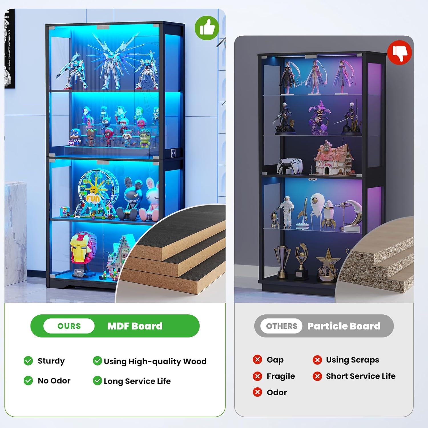 BROTTAR Display Cabinet with Glass Doors, 4-Tier Curio Cabinet with 3 Color Lights for Collectibles, Glass Display Case with Human Body Sensor, Bookcase with 4 Shelves, Storage Cabinets, White，Gray，Black