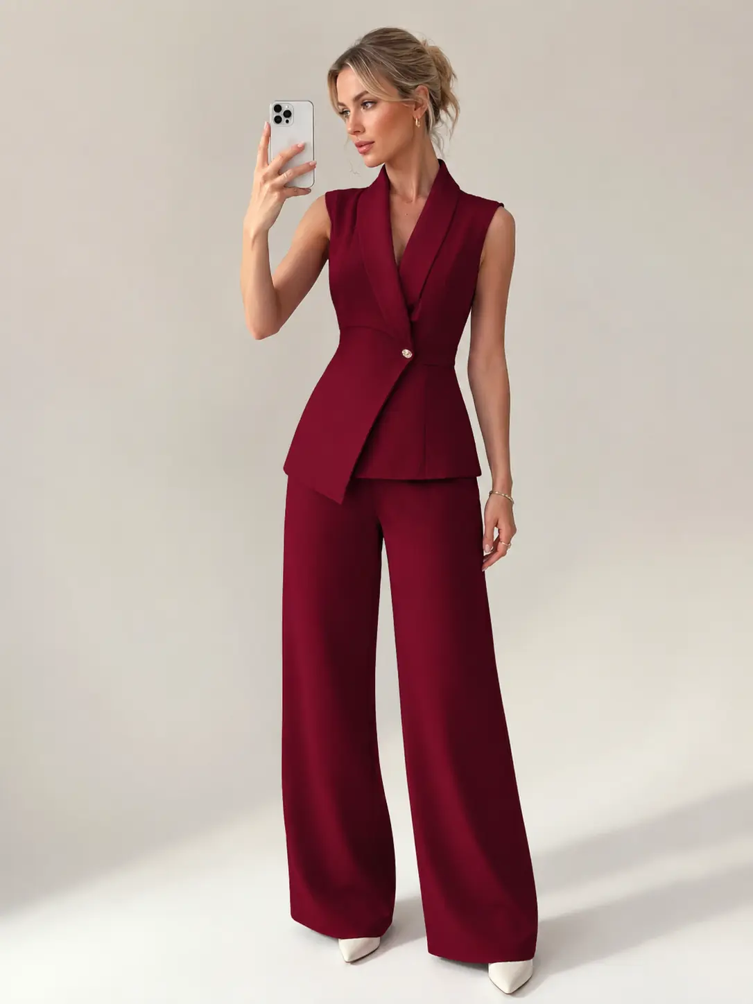 2026 Spring Sleeveless Lapel Blazer & Wide Leg Pants 2 Piece Suit, Solid Single Button Waist Tie, Wrinkle Resistant Polyester Blend, Elegant Office Chic Outfit for Interview, Business Meeting, Night Out, Wedding Guest, Daily Formal Ladies Relaxed Fit Set