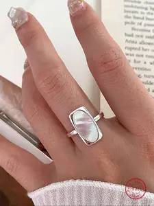 S925 Sterling Silver Simple Elegant Fashion Geometric Square White Shell Ring, Open Adjustable Finger Ring for Women, Retro Party Dating Gift