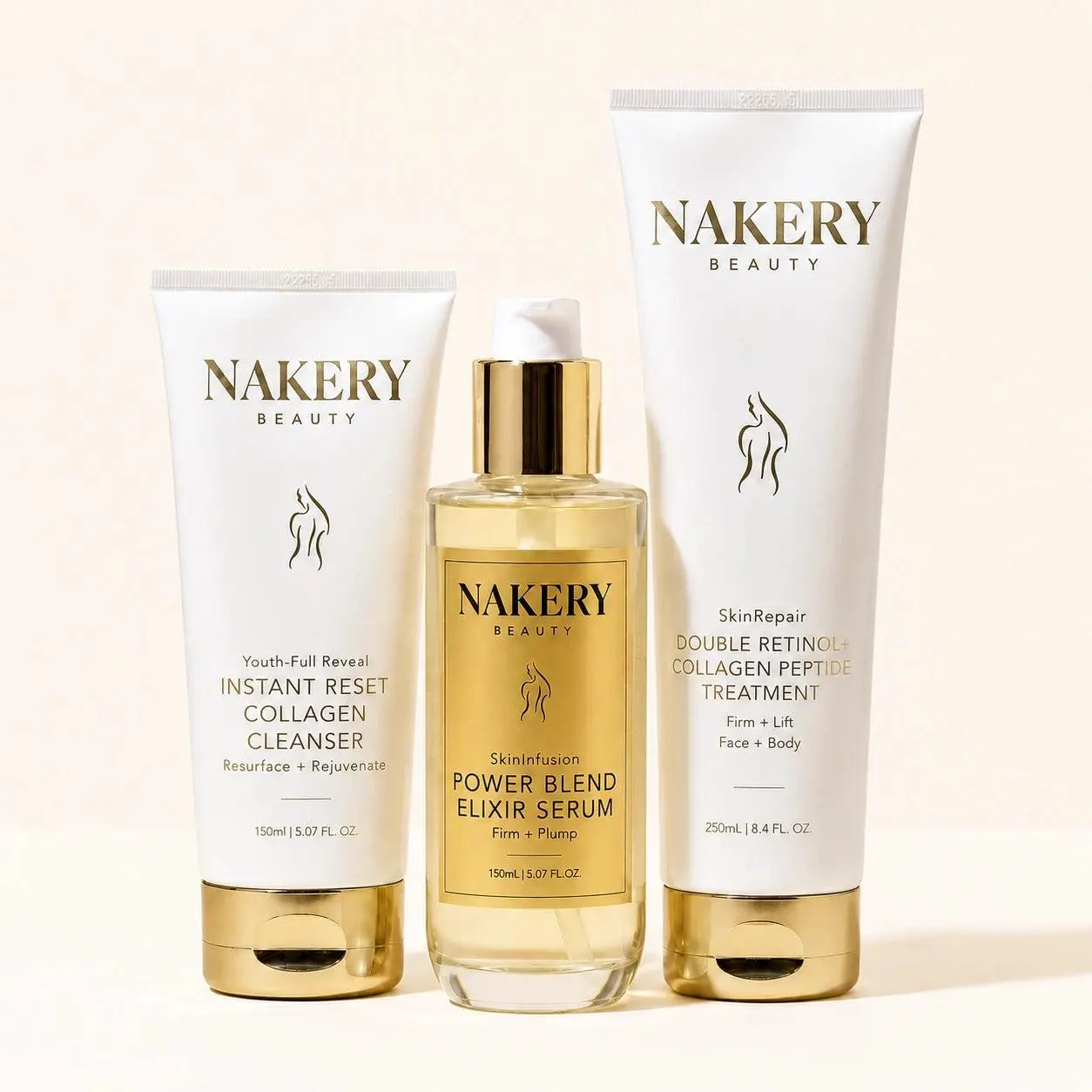 Nakery 3-Piece Anti-Aging Retinol Skincare Kit with Collagen, Glycerin & Peptides - Cleansing, Hydrating Treatment for Skin Repair, Glow Up & Skin Transformation, Brighten Skin