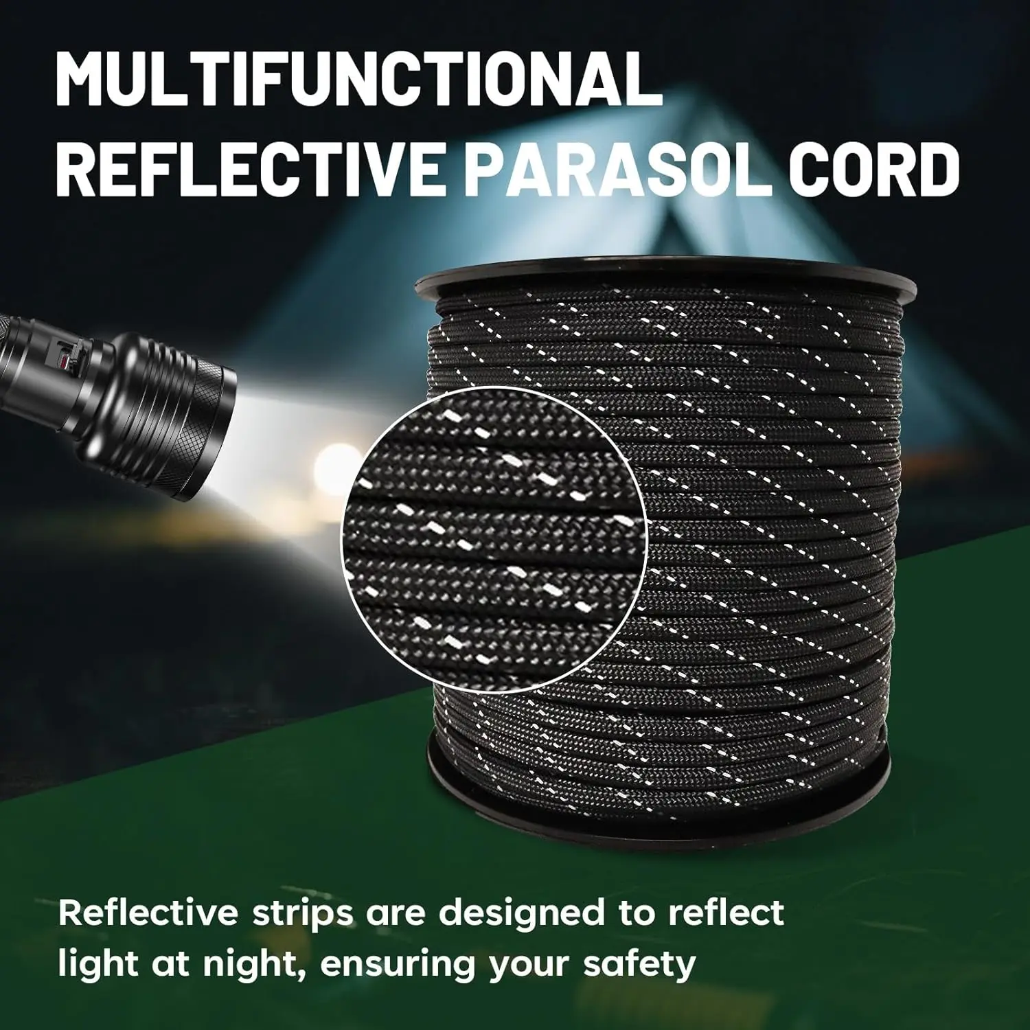 200FT 4MM 7-Strand Outdoor Camping Rope - Nylon Core Rope - Tactical Rope with Reflective Strips - Bright Colors - Suitable for Anchoring, Outdoor Use, Camping, Clothesline, Pet Rope, DIY Handmade Rope - Smooth and Durable Rope