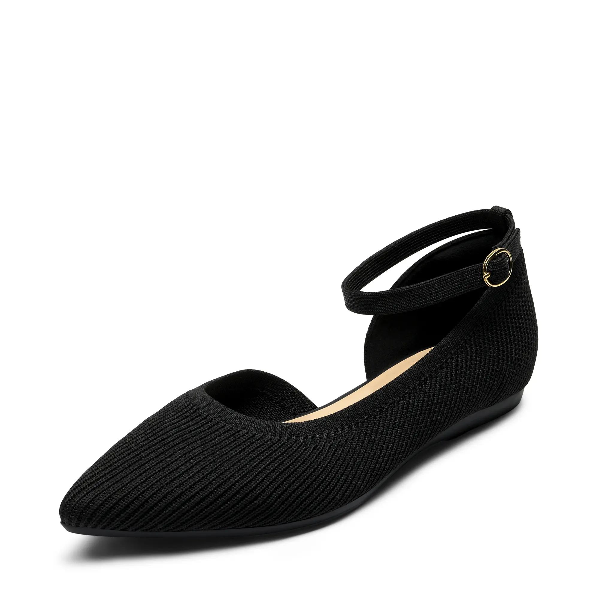DREAM PAIRS Women's Basic Casual Breathable Knit Pointed-Toe Ankle-Strap Flat Footwear - Classic Half d'Orsay Shoe, Adjustable Buckle, Soft Rubber Sole, Low-Profile Slip-In, Commuting Wear