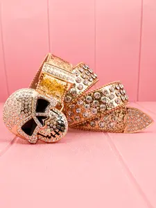 1pc Unisex Y2K Western Cowgirl Cowboy Belt, Rhinestone Skull PU Waistband, Casual Fashion for All Seasons, Party and Halloween Gift, Bling Western Belt