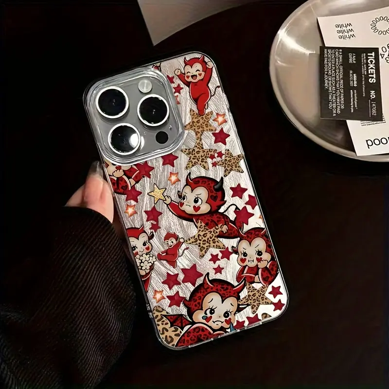 High-End Personalized Feather-Like TPU Smartphone Case - Red Devil Multi-Pose Leopard Print, Star Accent Design - Cute Trendy Protective Casing with Protection for iPhone Devices, Mobile Phone Accessories summerwins,summerwins
