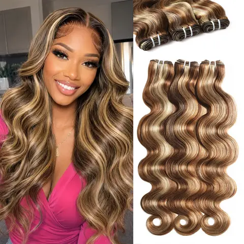Rhiso 4-27-613 Honey Blonde Human Hair Highlights, 12A Brazilian Body Wave Weft Bundles of Human Hair, 100% Virgin New Arrival Extensions (12 Inch - 28 Inch) for Sew In & Quick Weaves