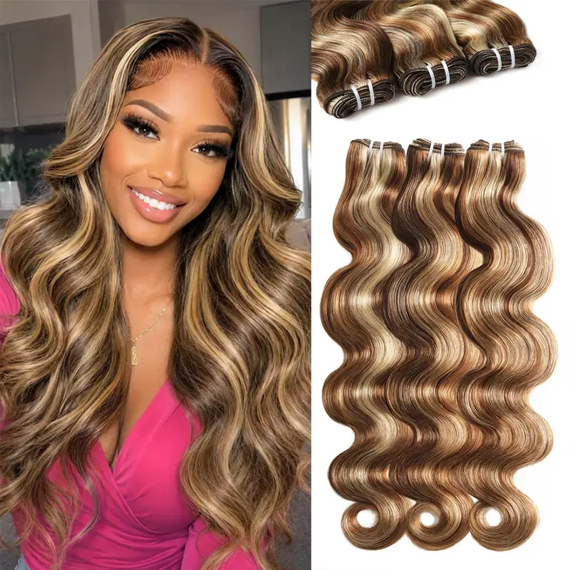 Rhiso 4-27-613 Honey Blonde Human Hair Highlights, 12A Brazilian Body Wave Weft Bundles of Human Hair, 100% Virgin New Arrival Extensions (12 Inch - 28 Inch) for Sew In & Quick Weaves